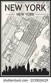 Light printout city poster with panoramic skyline and hand-drawn streets network on vintage beige background of the downtown NEW YORK, NEW YORK