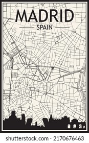 Light printout city poster with panoramic skyline and hand-drawn streets network on vintage beige background of the downtown MADRID, SPAIN