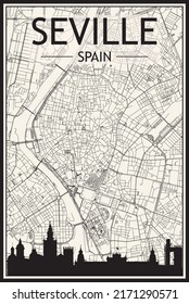 Light printout city poster with panoramic skyline and hand-drawn streets network on vintage beige background of the downtown SEVILLE, SPAIN