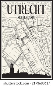 Light printout city poster with panoramic skyline and hand-drawn streets network on vintage beige background of the downtown UTRECHT, NETHERLANDS