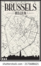 Light printout city poster with panoramic skyline and hand-drawn streets network on vintage beige background of the downtown BRUSSELS, BELGIUM