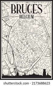 Light printout city poster with panoramic skyline and hand-drawn streets network on vintage beige background of the downtown BRUGES, BELGIUM