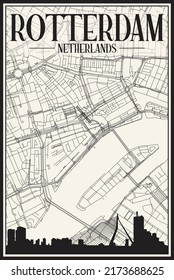 Light printout city poster with panoramic skyline and hand-drawn streets network on vintage beige background of the downtown ROTTERDAM, NETHERLANDS