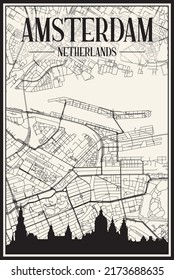 Light printout city poster with panoramic skyline and hand-drawn streets network on vintage beige background of the downtown AMSTERDAM, NETHERLANDS