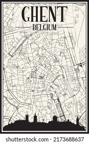 Light printout city poster with panoramic skyline and hand-drawn streets network on vintage beige background of the downtown GHENT, BELGIUM