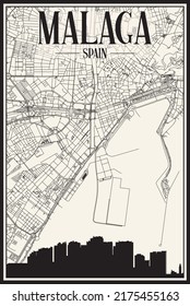 Light printout city poster with panoramic skyline and hand-drawn streets network on vintage beige background of the downtown MALAGA, SPAIN