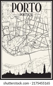 Light printout city poster with panoramic skyline and hand-drawn streets network on vintage beige background of the downtown PORTO, PORTUGAL