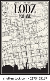 Light printout city poster with panoramic skyline and hand-drawn streets network on vintage beige background of the downtown LODZ, POLAND