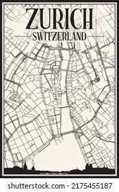 Light printout city poster with panoramic skyline and hand-drawn streets network on vintage beige background of the downtown ZURICH, SWITZERLAND