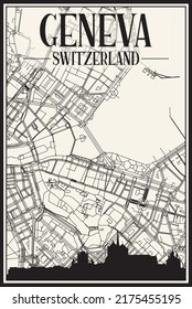 Light printout city poster with panoramic skyline and hand-drawn streets network on vintage beige background of the downtown GENEVA, SWITZERLAND