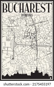 Light printout city poster with panoramic skyline and hand-drawn streets network on vintage beige background of the downtown BUCHAREST, ROMANIA