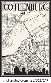 Light printout city poster with panoramic skyline and hand-drawn streets network on vintage beige background of the downtown GOTEBORG (GOTHENBURG), SWEDEN