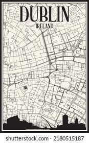 Light printout city poster with panoramic skyline and hand-drawn streets network on vintage beige background of the downtown DUBLIN, IRELAND