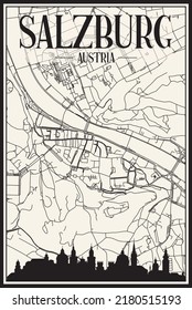 Light printout city poster with panoramic skyline and hand-drawn streets network on vintage beige background of the downtown SALZBURG, AUSTRIA