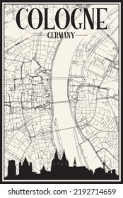 Light printout city poster with panoramic skyline and hand-drawn streets network on vintage beige background of the downtown COLOGNE, GERMANY