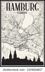 Light printout city poster with panoramic skyline and hand-drawn streets network on vintage beige background of the downtown HAMBURG, GERMANY