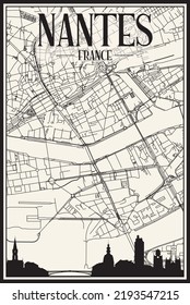 Light printout city poster with panoramic skyline and hand-drawn streets network on vintage beige background of the downtown NANTES, FRANCE