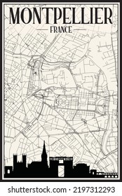 Light printout city poster with panoramic skyline and hand-drawn streets network on vintage beige background of the downtown MONTPELLIER, FRANCE