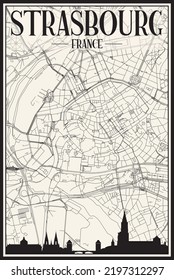 Light printout city poster with panoramic skyline and hand-drawn streets network on vintage beige background of the downtown STRASBOURG, FRANCE