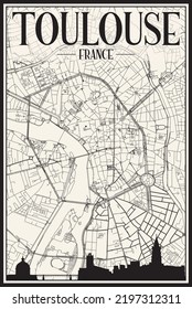 Light printout city poster with panoramic skyline and hand-drawn streets network on vintage beige background of the downtown TOULOUSE, FRANCE