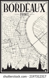 Light printout city poster with panoramic skyline and hand-drawn streets network on vintage beige background of the downtown BORDEAUX, FRANCE