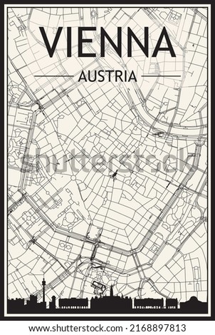 Light printout city poster with panoramic skyline and hand-drawn streets network on vintage beige background of the downtown VIENNA, AUSTRIA