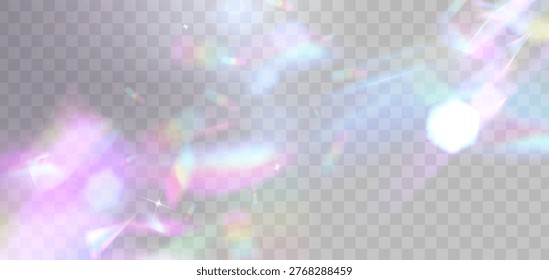 Light prism effect with rainbow spectrum, crystal flare overlay, abstract vector background. Iridescent radiant glow and refraction rays with holographic neon lens sparkle
