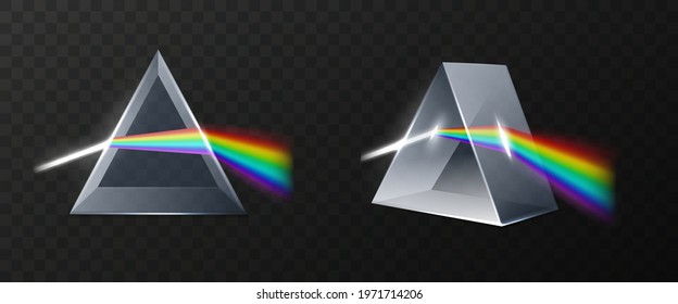 Light Prism. Realistic Glass Pyramid With Refracted Laser Ray, Rainbow Spectrum Dispersion, 3d Physical Effect. Visible Waves Color Rendering System White Lights Dispersion Vector Set