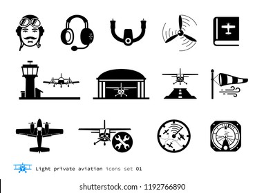 Light private aviation icons set. Piston-powered aircraft.