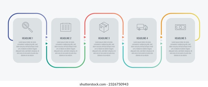 Light process Infographics with five steps and colorful elements. Thin line vector icons. Data graphs for flow charts, presentations and UI