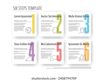 Light progress steps template with descriptions icons and big color numbers on squares rounded buttons on white background. Multipurpose progress infochart template 