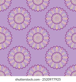 light purple background with dark purple zig-zag oval and multicolor oval spot design