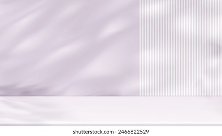 Light Purple Background with light,Shadow leaves on modern wall line striped texture waves pattern with podium stand display for technology concept presentation,Vector banner design for new technology
