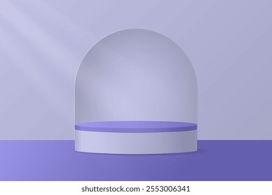 Fundo roxo claro com pódio e alcova, raios de luz	
