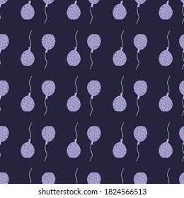 Los globos morados claros representan un patrón de doodle impecable. Fondo azul marino oscuro. Impresión de cumpleaños simple y estilizada. Diseñado para papel pintado, textil, papel envolvente, impresión de tela. Ilustración vectorial.