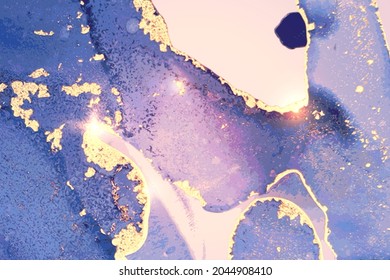 Light purple, blue, and gold abstract marble pattern with sparkles. Vector background in alcohol ink technique with glitter. Template for banner, poster design. Fluid art painting