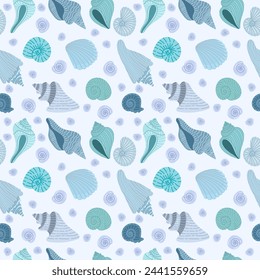 Hellviolette oder blaue Muscheln nahtlose Muster mit auf einem hellen Hintergrund. Sommerschmuck