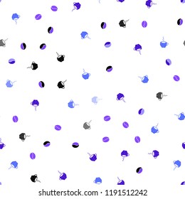 Light Purple, Blue vector seamless template with cups of coffee, beans. Gradient illustration with coffee beans, tea cups. Pattern for ads of breakfast, lunch, dinner.