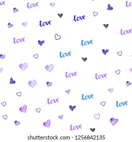 Light Purple, Blue vector seamless template with text LOVE YOU, hearts. Romantic illustration with colorful phrase LOVE YOU, hearts. Pattern for trendy fabric, wallpapers.