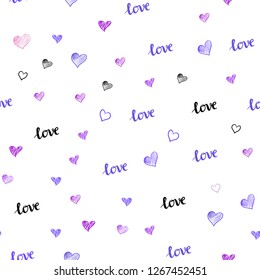 Light Purple, Blue vector seamless cover with quote LOVE YOU, hearts. Romantic illustration with colorful phrase LOVE YOU, hearts. Pattern for design of fabric, wallpapers.