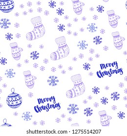 Light Purple, Blue vector seamless template with ice snowflakes, balls, socks, mittens. Colorful illustration with xmas symbols. Pattern for trendy fabric, wallpapers.