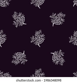 Light purple bush silhouettes seamless doodle floral pattern. Dark background. Seasonal contrast print. Stock illustration. Vector design for textile, fabric, giftwrap, wallpapers.