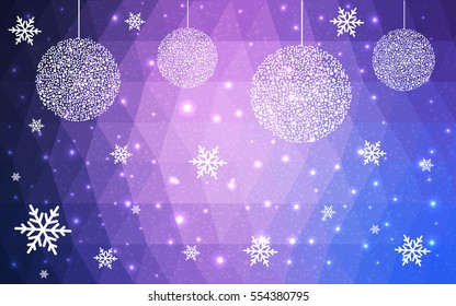 Light Purple christmas postcard low polygon background. Vector illustration consisting of triangles. Abstract triangular polygonal origami or crystal design of New Year celebration.