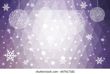 Light Purple christmas postcard low polygon background. Vector illustration consisting of triangles. Abstract triangular polygonal origami or crystal design of New Year celebration.