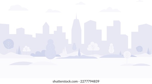 Light purple cityscape background. City buildings and trees at park view. Monochrome urban landscape with clouds in the sky. Modern architectural flat style vector illustration.