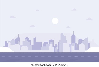 Fondo de paisaje urbano púrpura claro. Edificios de la ciudad con nubes y sol en el cielo. Paisaje urbano monocromo. Moderna Ilustración vectorial arquitectónica Horizontal de estilo plano.