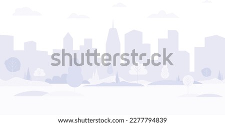 Light purple cityscape background. City buildings and trees at park view. Monochrome urban landscape with clouds in the sky. Modern architectural flat style vector illustration.