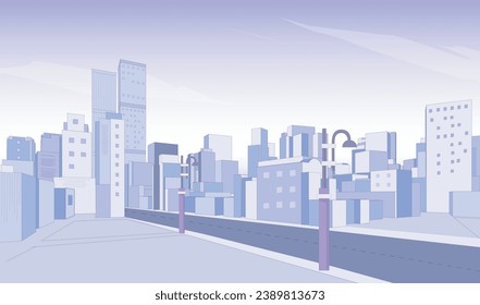 luz Púrpura paisaje de fondo y cielo, construcción urbana imagen panorámica. Paisaje urbano monocromo con nubes en el cielo. Ilustración vectorial de estilo plano arquitectónico moderno.