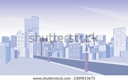 light Purple cityscape background and sky, urban building skyline panoramic illustration. Monochrome urban landscape with clouds in the sky. Modern architectural flat style vector illustration.