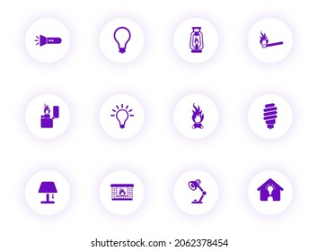 light purple color vector icons on light round buttons with purple shadow. light icon set for web, mobile apps, ui design and print